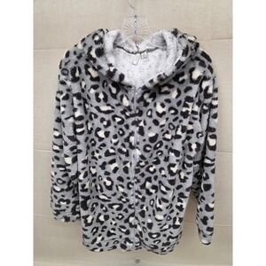 Active Womens Grey Leopard Print Plush Fleece Full Zip Hoodie Jacket Size M
